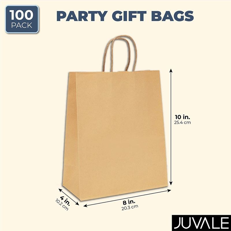 Medium Paper Party Gift Bags with Handles (8 x 10 In, Brown, 100-Pack)