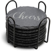 Juvale Round Black Slate Stone Coasters Set with Steel Stand (3.8 Inches, 8 Pack)