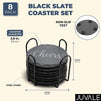 Juvale Round Black Slate Stone Coasters Set with Steel Stand (3.8 Inches, 8 Pack)