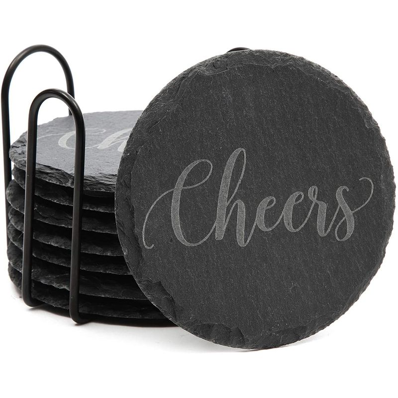 Juvale Round Black Slate Stone Coasters Set with Steel Stand (3.8 Inches, 8 Pack)