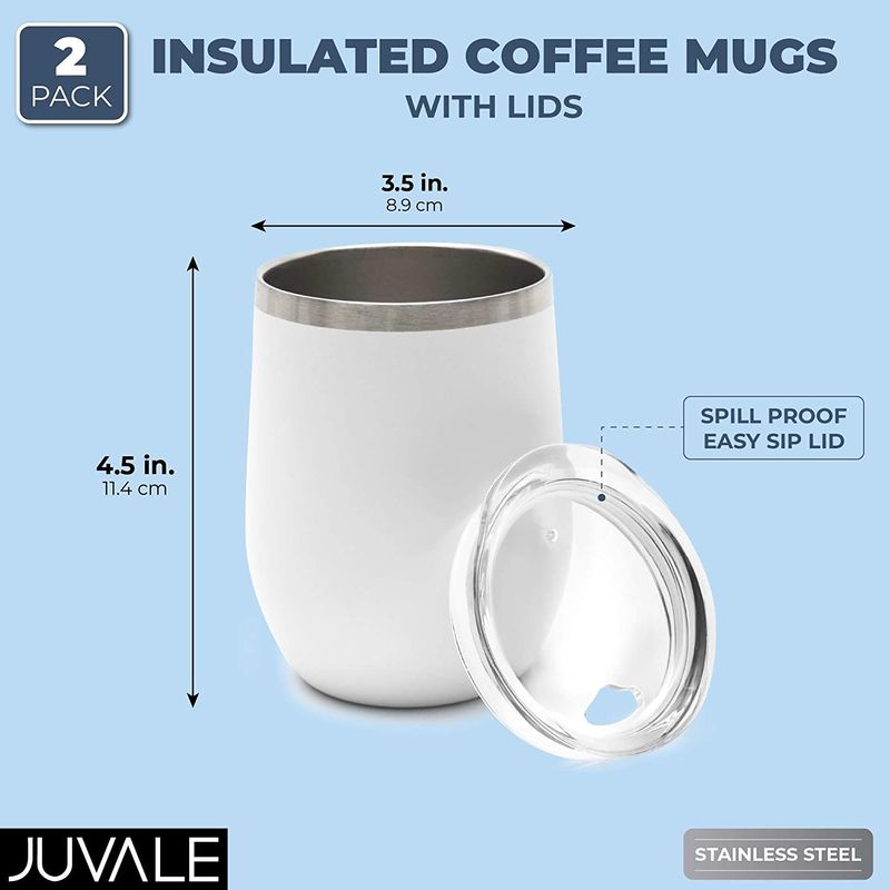 White Insulated Coffee, Wine Travel Mugs (Stainless Steel, 12 Ounces, 2-Pack)