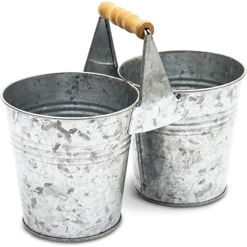 Antique Galvanized Double Bucket with Wood Handle for Decoration