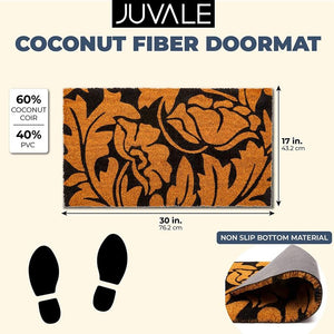 Coco Coir Mat, Black Floral Patterned Nonslip Welcome Doormat (17 x 30 in)