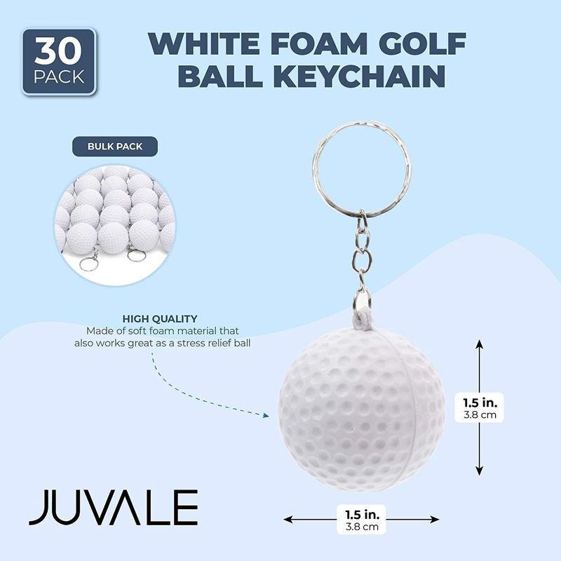 White Foam Golf Ball Keychain Bulk Set (1.5 Inches, 30 Pack)