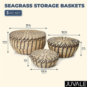 Seagrass Storage Baskets, Woven Baskets in 3 Sizes with Lids (3 Piece Set)