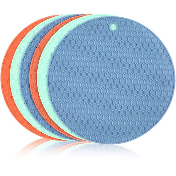 Round Silicone Trivets for Kitchen in Blue, Teal, Salmon (7 Inches, 6 Pack)