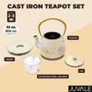 White and Gold Cast Iron Teapot with Trivet in a Leaf Design (32 Ounces)