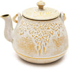 White and Gold Cast Iron Teapot with Trivet in a Leaf Design (32 Ounces)