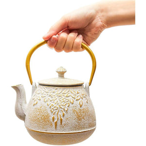 White and Gold Cast Iron Teapot with Trivet in a Leaf Design (32 Ounces)