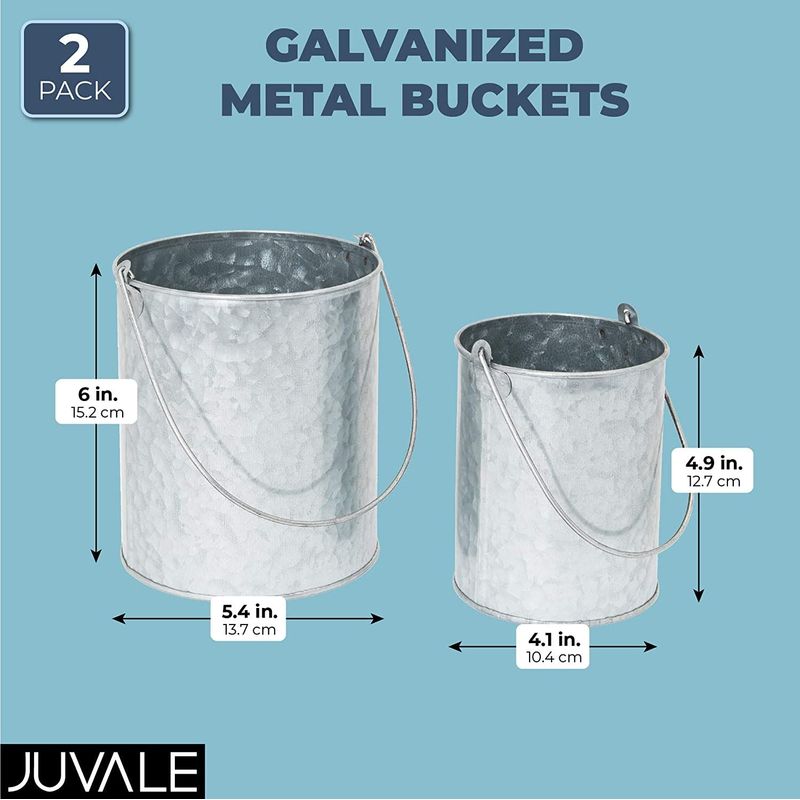 Galvanized Metal Buckets with Handles in 2 Sizes for Home Decoration (2 Pack)