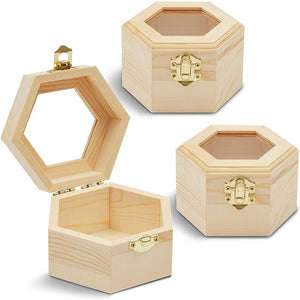 Unfinished Hexagon Wood Jewelry Box with Window and French Buckle (3-Pack)