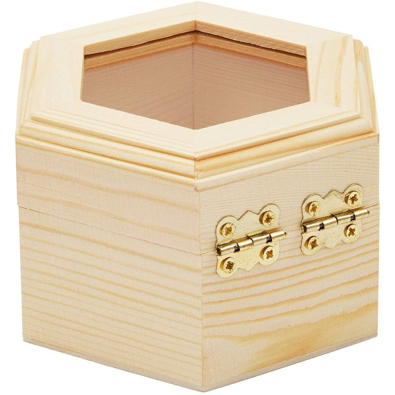 Unfinished Hexagon Wood Jewelry Box with Window and French Buckle (3-Pack)