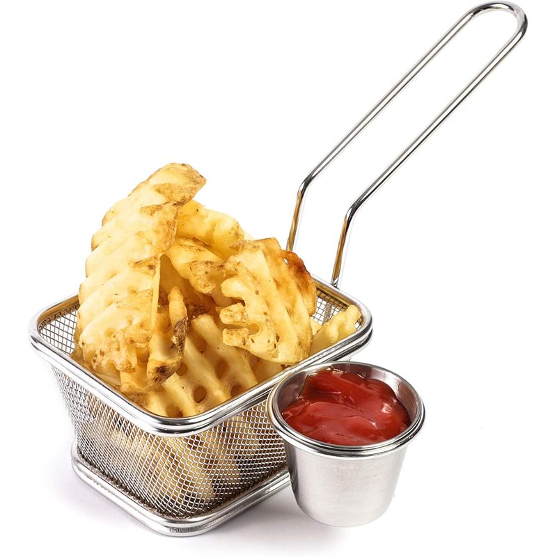 Stainless Steel Mini Chip Fryer Basket with Sauce Cup (Set of 2)