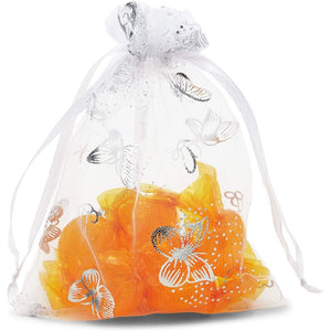 Silver Foil Organza Drawstring Gift Bag Pouch, Butterfly Design (3.5 x 4.75 in, 120 Pack)