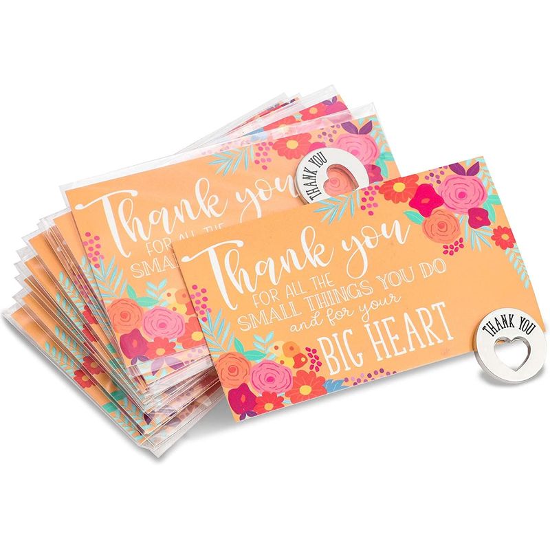 Floral Thank You Cards with Appreciation Heart Token (3.5 x 2 in, 12 Pack)