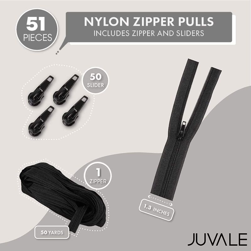 Nylon Coil Zippers Set for Sewing Supplies, 50 Yards (Black, 51 Pieces)