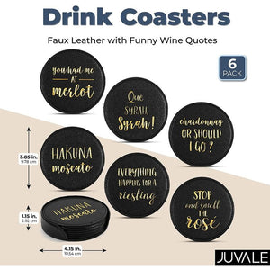 Juvale Black Leather Coasters with Wine Puns, Coaster Set (6 Pack)