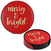 Christmas Drink Coasters Gift with Holder, Merry and Bright (Faux Leather, 7 Pieces)