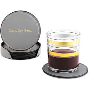 Love Joy Hope Faux Leather Coasters with Holder for Home Housewarming Gifts (6 Pack)