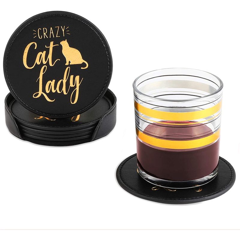 Crazy Cat Lady Leather Coasters Set with Holder (Black, 4 In, 6 Pack)