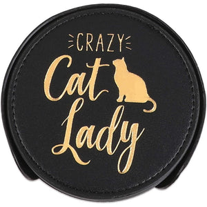 Crazy Cat Lady Leather Coasters Set with Holder (Black, 4 In, 6 Pack)