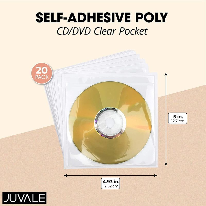 Clear Self-Adhesive CD/DVD Storage Sleeve Pockets (4.93 x 5 in, 20 Pack)