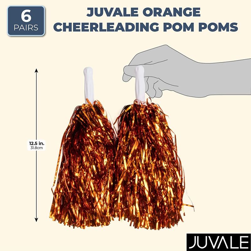 Juvale Orange Cheerleading Pom Poms, Metallic Foil Fringe for Spirit Team (6 Pairs)