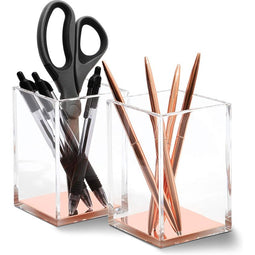 Clear Acrylic Pencil Holder for Desk and Office Organization (Rose Gold, 2-Pack)