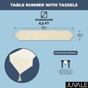 Dining Table Runner with Tassels, Geometric Jacquard Weave (Beige, 12 x 78 in)