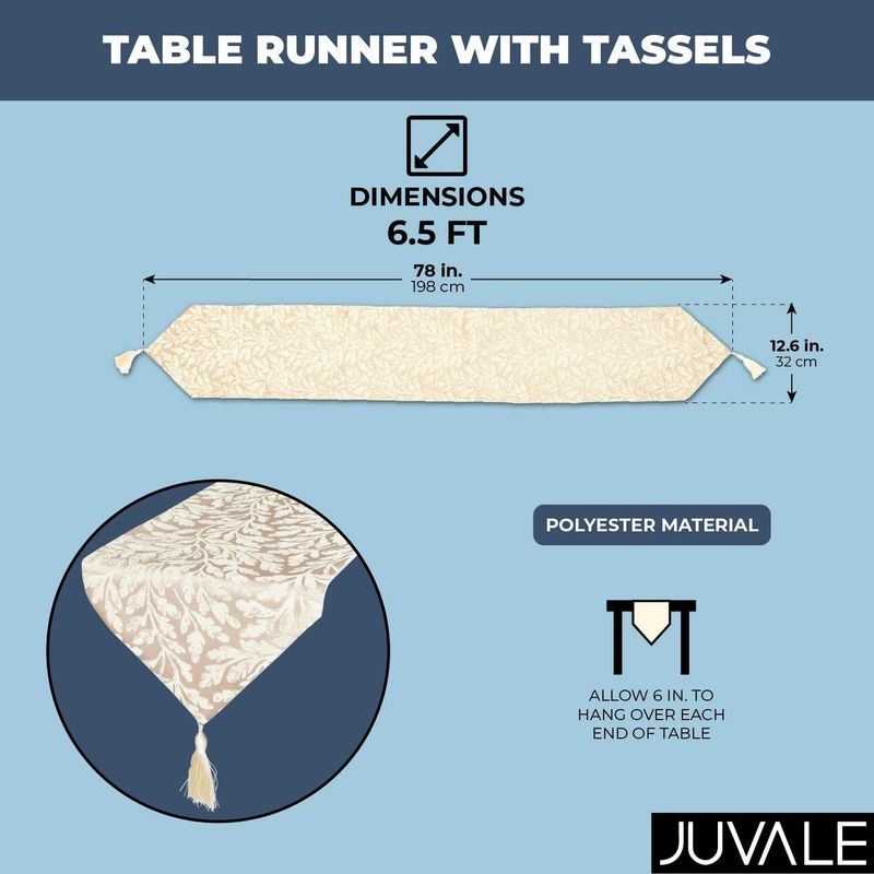Table Runner with Tassels, Beige Leaf Jacquard Weave (12 x 78 in)