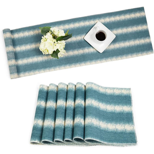 Striped Dining Table Runner and Placemats, Set of 6 (Dark Turquoise, 7 Pieces)