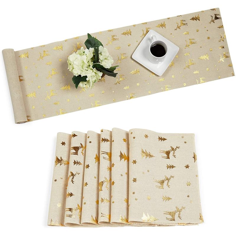 Juvale Christmas Gold Foil Dining Table Runner and Placemats, Set of 6 (7 Pieces)
