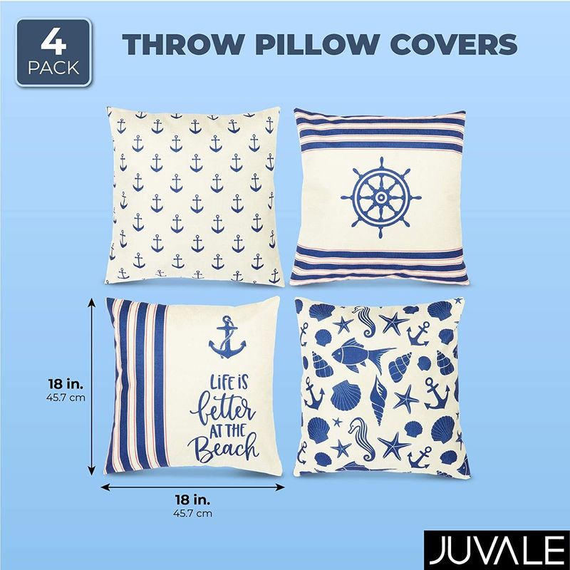 Juvale Nautical Throw Pillow Cover (Cotton, 18 x 18 in, 4 Pack)