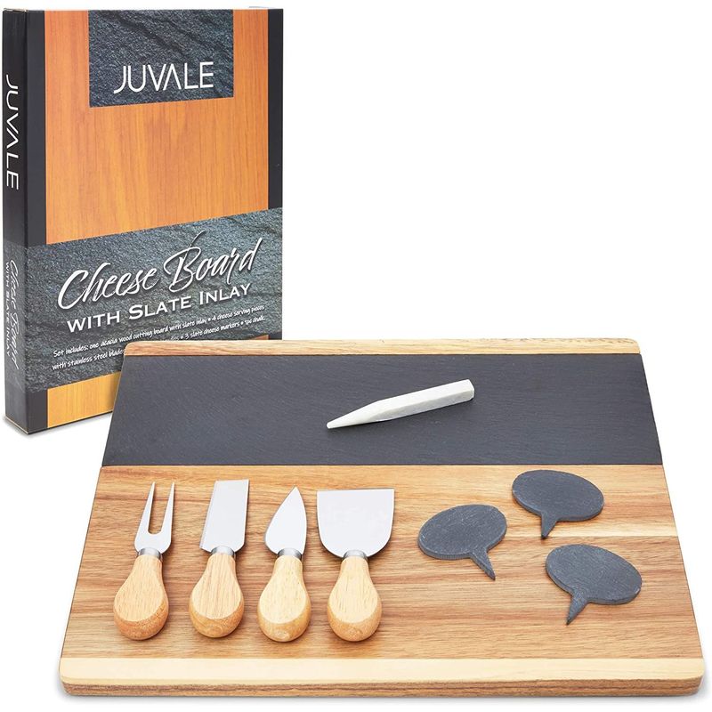 Cheese Board Set with Slate Inlay, Knife and Signs (14 x 11 inches, 9 Pieces)
