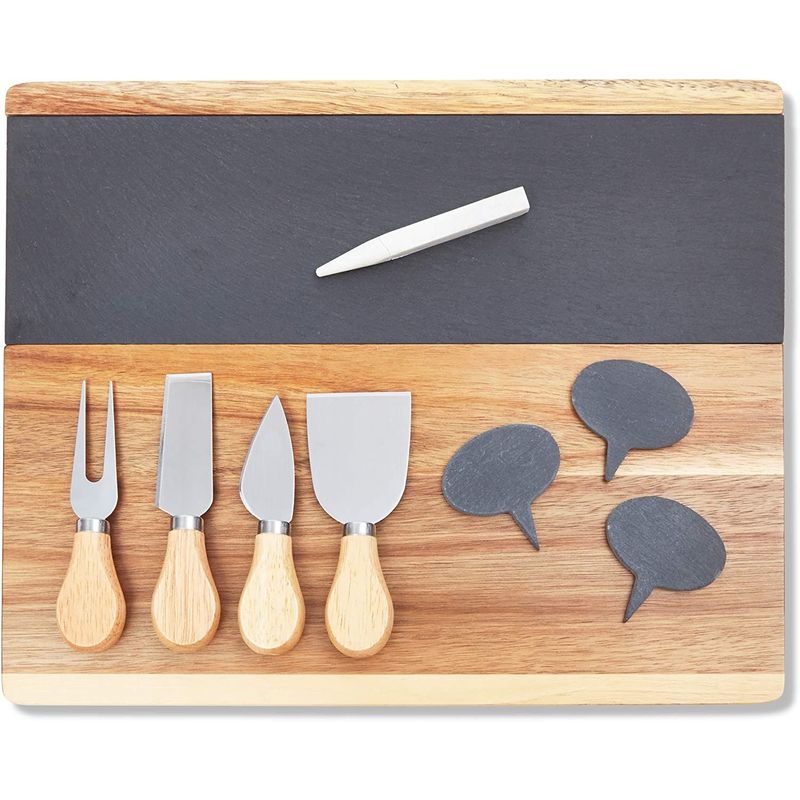 Cheese Board Set with Slate Inlay, Knife and Signs (14 x 11 inches, 9 Pieces)
