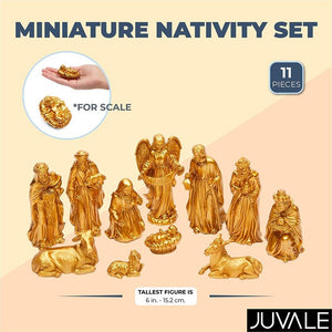 Miniature Nativity Scene Figurines, Religious Christmas Decor (Gold, 11 Pieces)