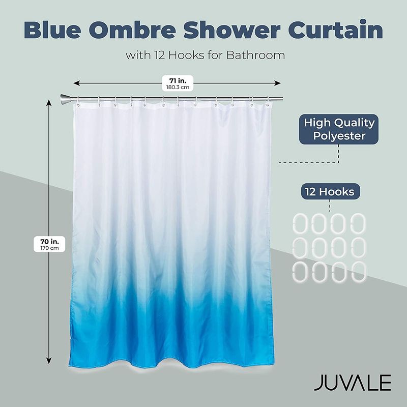 Juvale Blue Ombre Shower Curtain Set with 12 Hooks for Bathroom Decor (70 x 71 Inches)