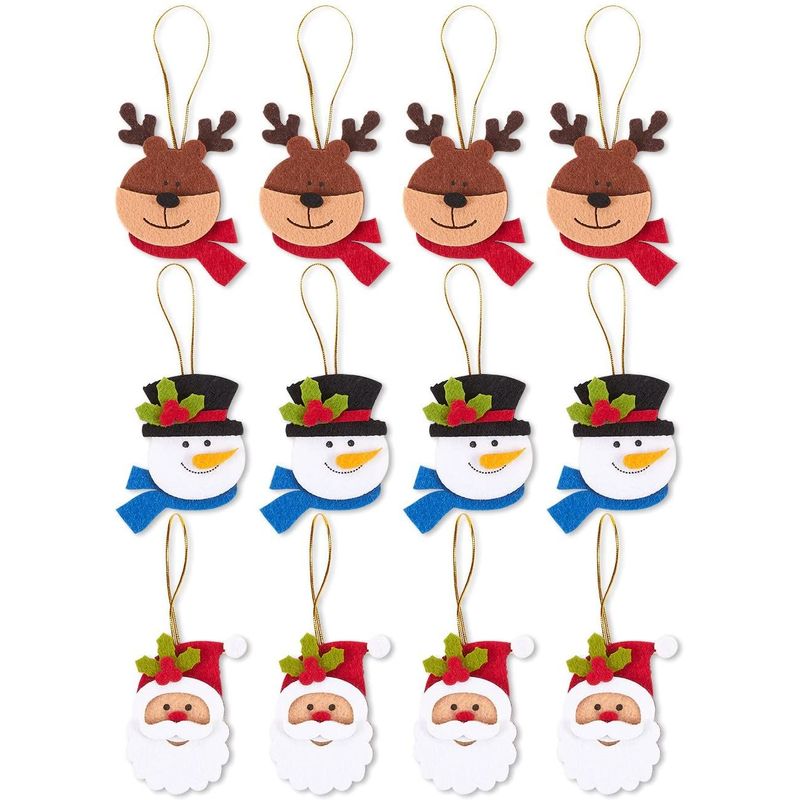 Felt Christmas Tree Ornaments, Reindeer, Santa Claus, and Snowman (12 Pack)