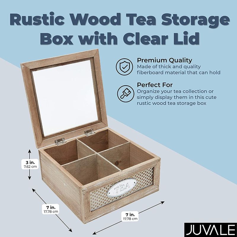 Rustic Wood Tea Storage Box with Clear Lid, 4 Compartments (7 x 7 x 3 In)
