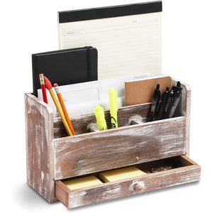 Wooden Mail Desktop Organizer, 3 Tier with Storage Drawer (11.75 x 7 x 4.1 In)