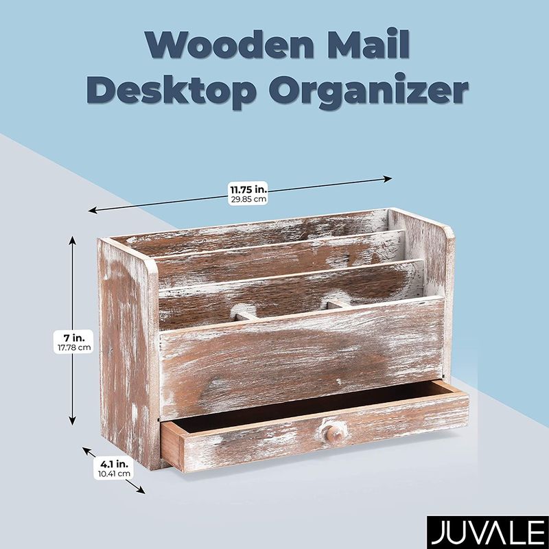 Wooden Mail Desktop Organizer, 3 Tier with Storage Drawer (11.75 x 7 x 4.1 In)