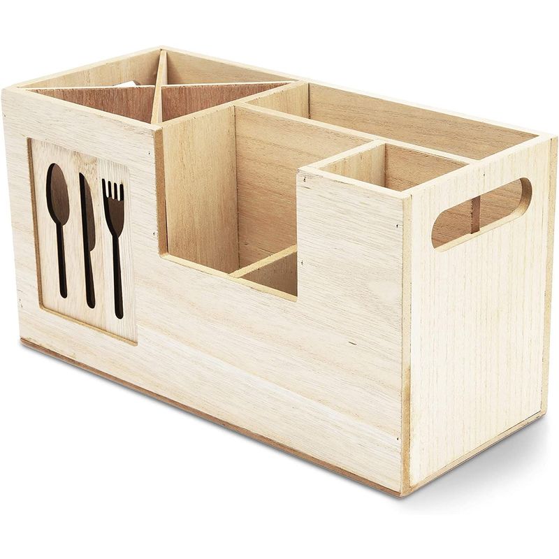 Wooden Utensil Caddy, Cutlery Holder for Kitchen Supplies (11 x 4.8 x 6 Inches)