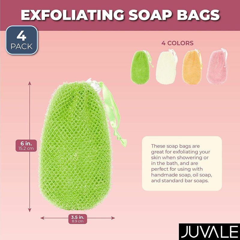 Soap Exfoliating Bag with Drawstring for Shower, 4 Colors (3.5 x 6 In, 4 Pack)