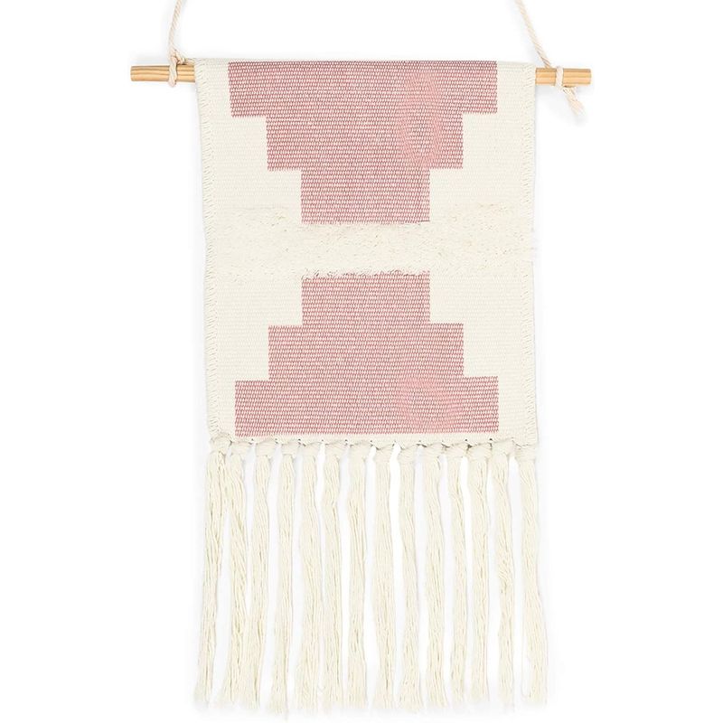 White and Pink Macrame Woven Wall Hanging, Boho Decor (10 x 20 In)