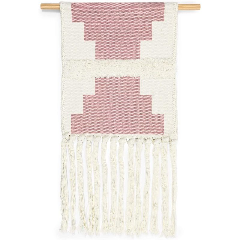 White and Pink Macrame Woven Wall Hanging, Boho Decor (10 x 20 In)