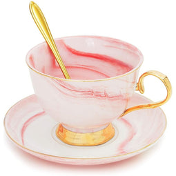 Pink Marbled Ceramic Tea Cup and Matching Saucer with Gold Spoon (7 Oz, 3 Pieces)