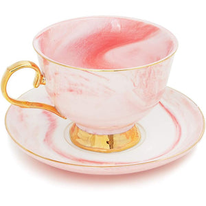 Pink Marbled Ceramic Tea Cup and Matching Saucer with Gold Spoon (7 Oz, 3 Pieces)