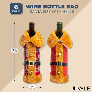 Christmas Wine Bottle Cover, Santa Suit Gift Bag with Bells (5.25 x 11 In, 6 Pack)
