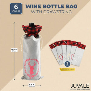 Drawstring Wine Bottle Gift Bags with Christmas Reindeer for Holiday Gifs (13.5 In, 6 Pack)