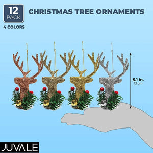 Christmas Tree Ornaments, Reindeer Decorations with Jingle Bells (5 in, 12 Pack)